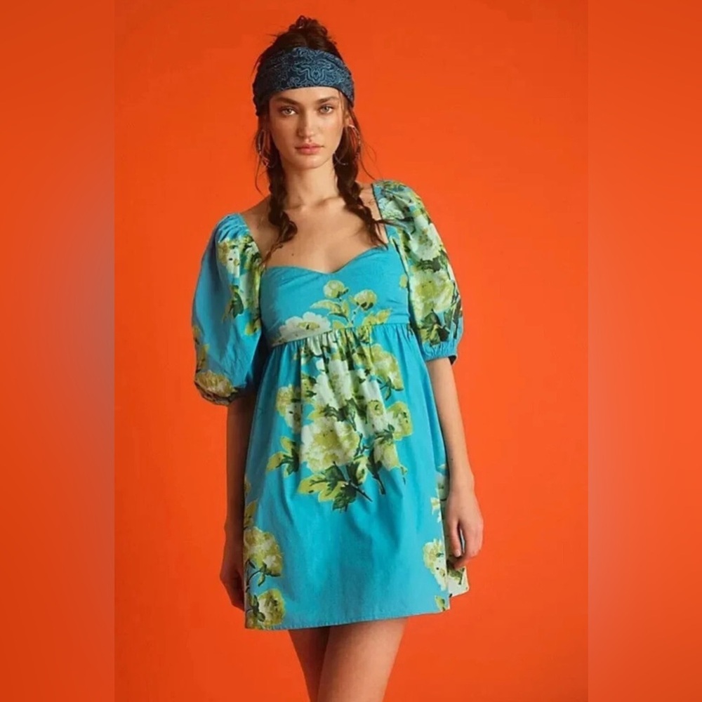 Free People Dress Peony Babydoll Floral Mini Dress Blue Small